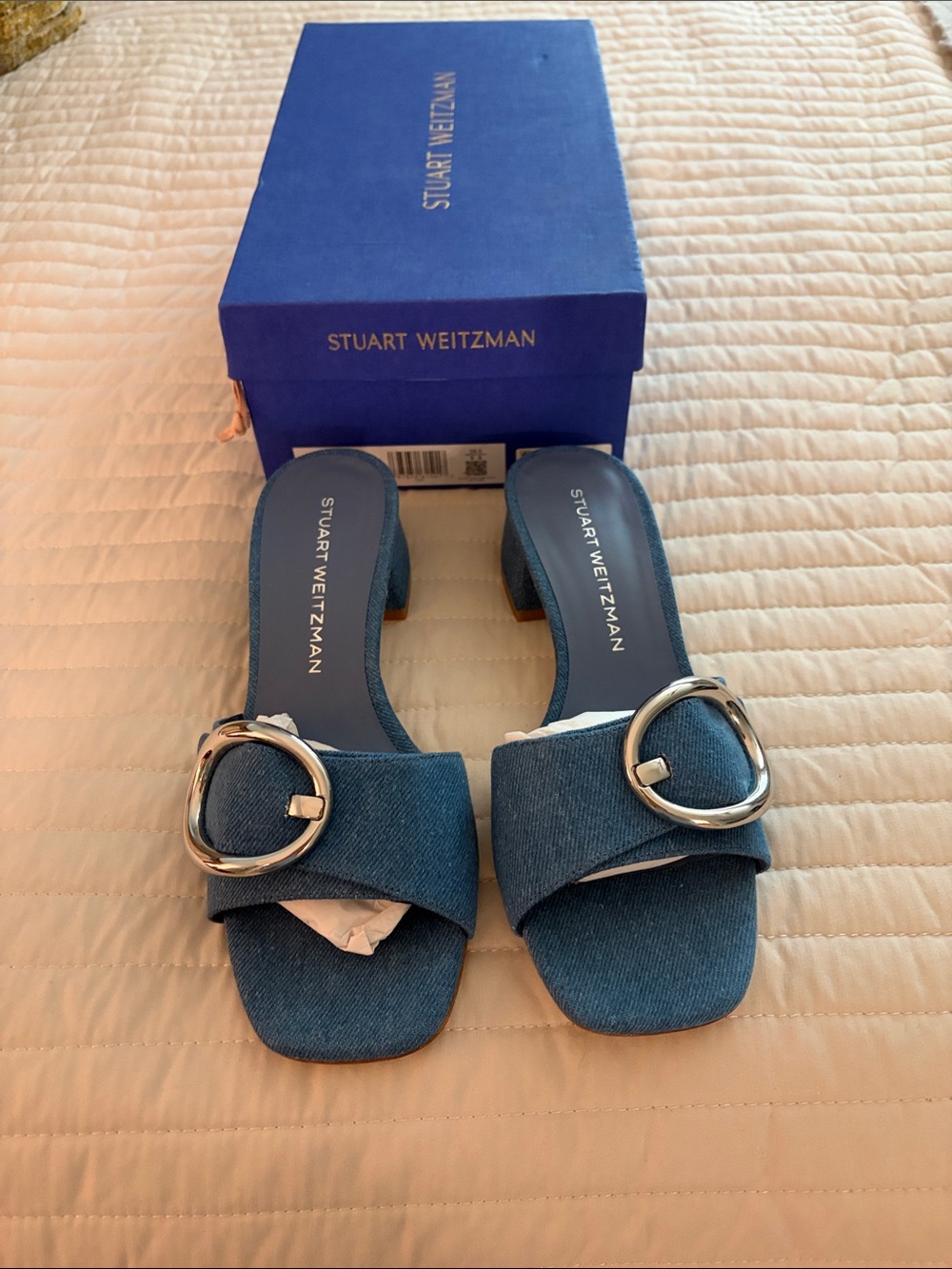 Stuart Weitzman Denim Slide Sandals with Silver Buckles